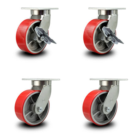 SERVICE CASTER 8 Inch Heavy Duty Red Poly on Cast Iron Caster Swivel Locks 2 Brakes, 4PK SCC-KP92S830-PUR-RS-SLB-BSL-2-BSL-2